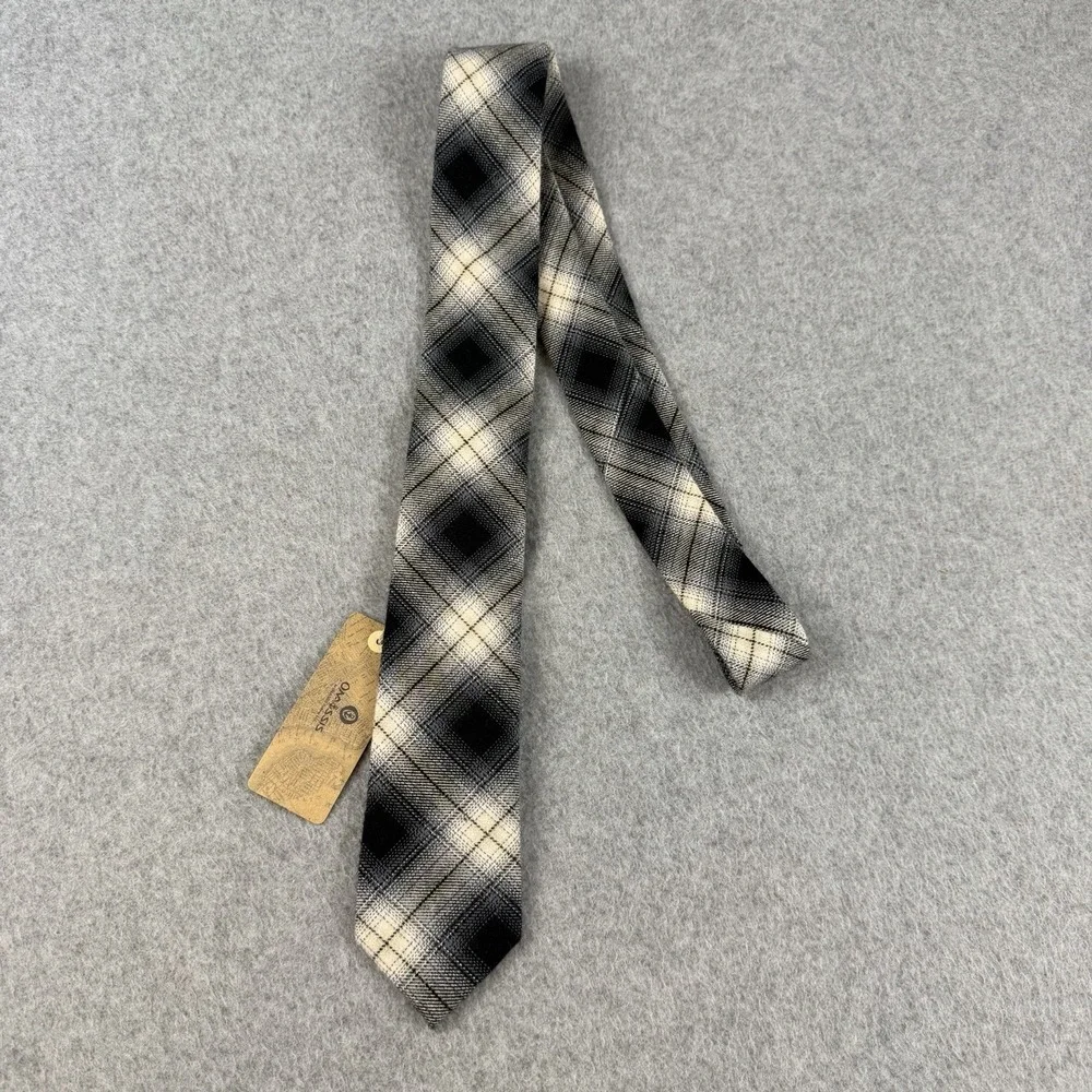 Onassis Skinny Neck Tie Black Gray Ivory Plaid 100% Cotton NWT Mens 60x2.5